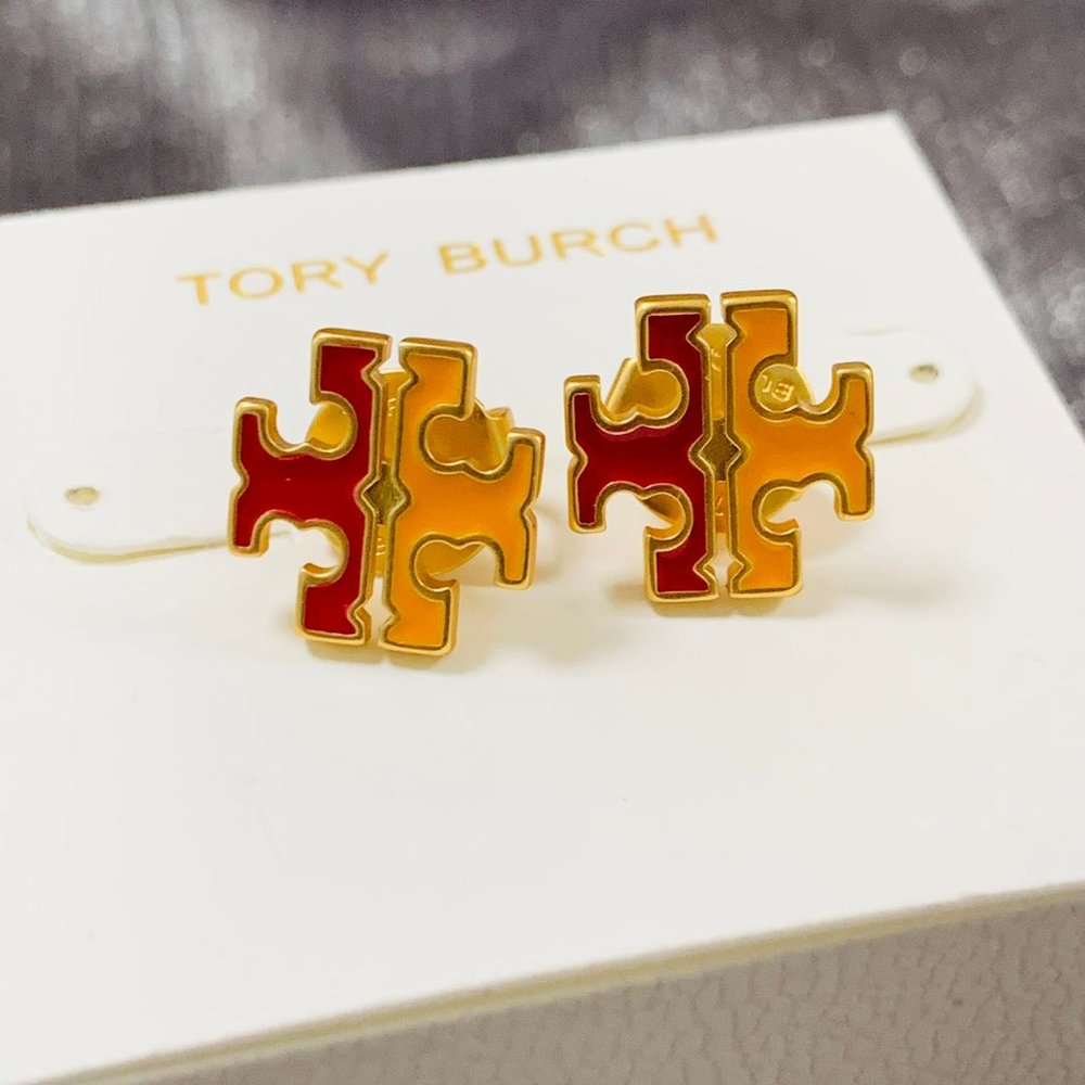 TORY BURCH Earrings • Gold Red Logo Mustard Yellow Earrings